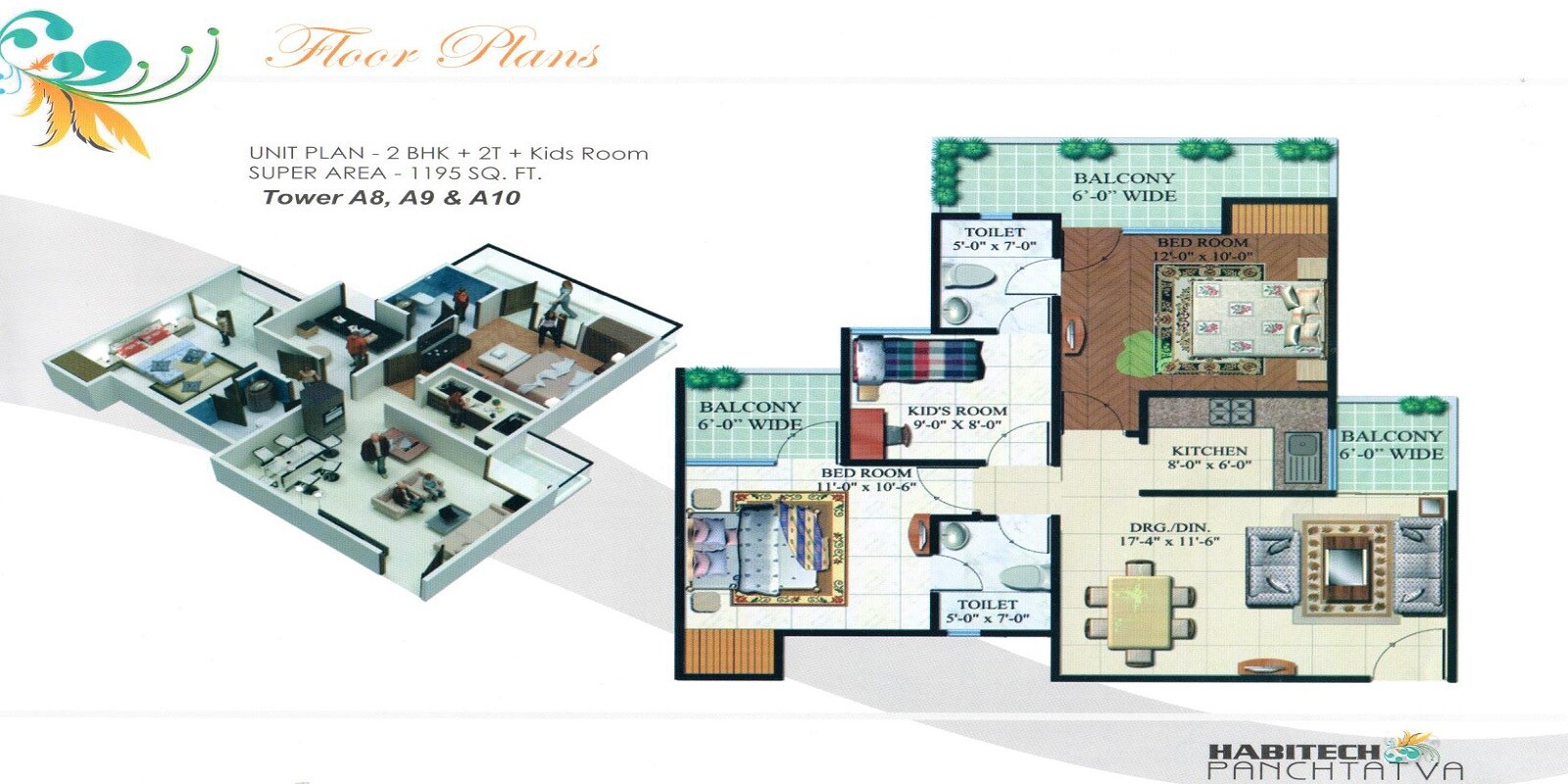 Floor plan of 2 BHK 1195 Sq. Ft. Apartment in Habitech Panch Tatva, Greater Noida