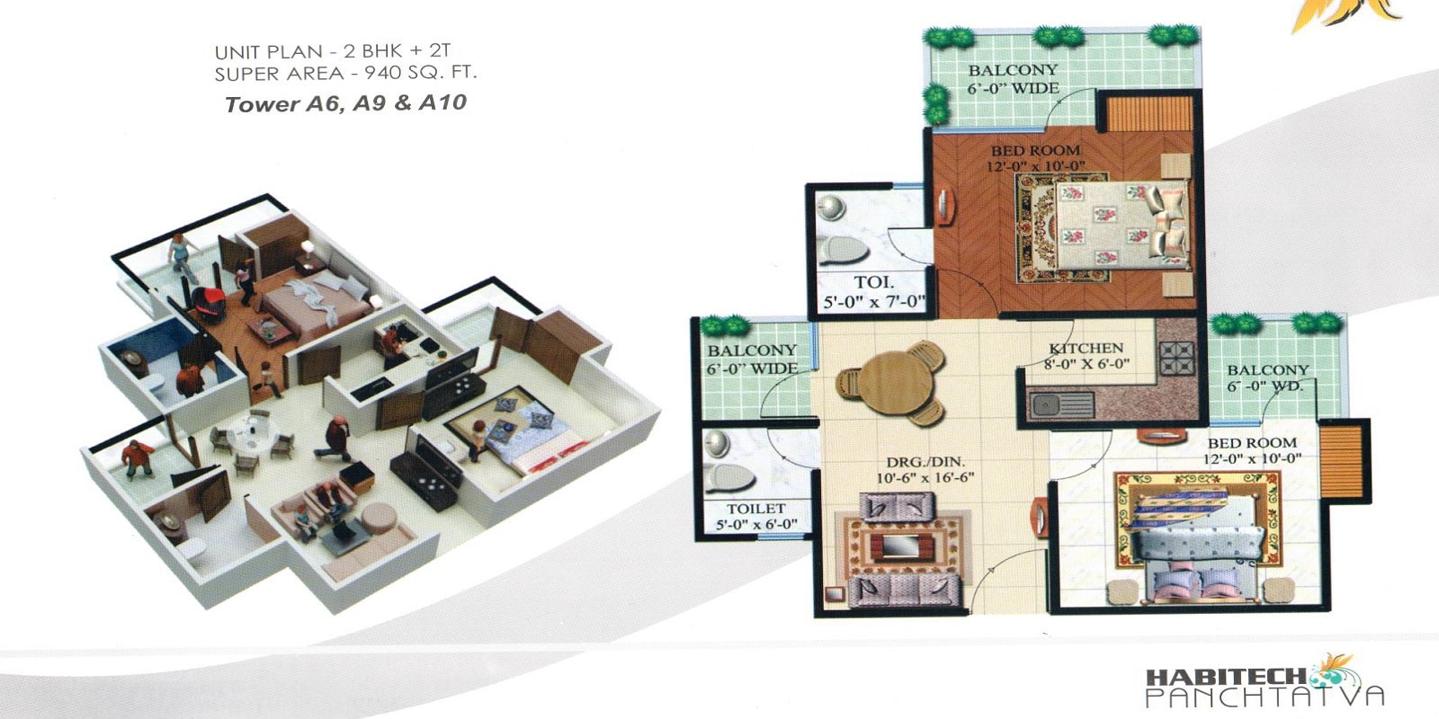 Floor plan of 2 BHK 940 Sq. Ft. Apartment in Habitech Panch Tatva, Greater Noida