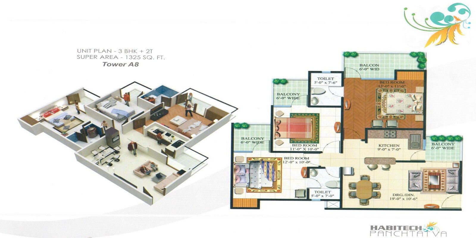 Floor plan of 3 BHK 1325 Sq. Ft. Apartment in Habitech Panch Tatva, Greater Noida