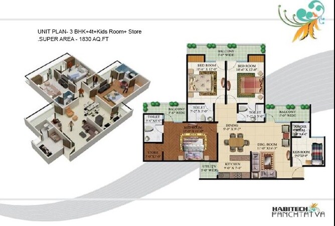 Floor plan of 3 BHK 1830 Sq. Ft. Apartment in Habitech Panch Tatva, Greater Noida