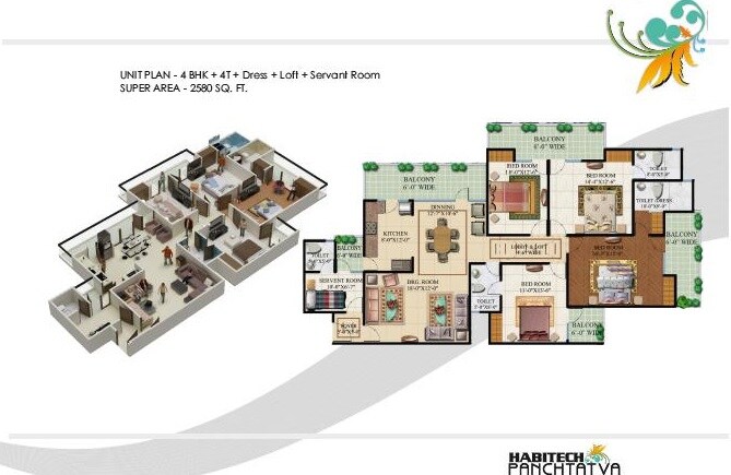 Floor plan of 4 BHK 2580 Sq. Ft. Apartment in Habitech Panch Tatva, Greater Noida