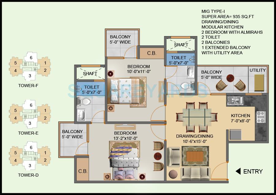Floor plan of 2 BHK 935 Sq. Ft. Apartment in Hawelia Valencia Homes, Greater Noida