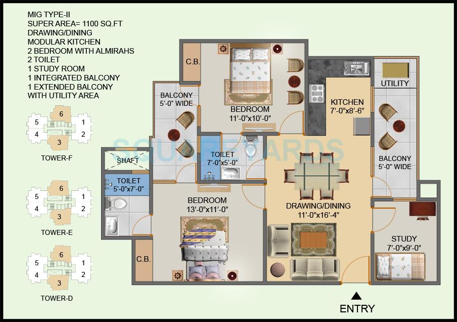 Floor plan of 2 BHK 1100 Sq. Ft. Apartment in Hawelia Valencia Homes, Greater Noida