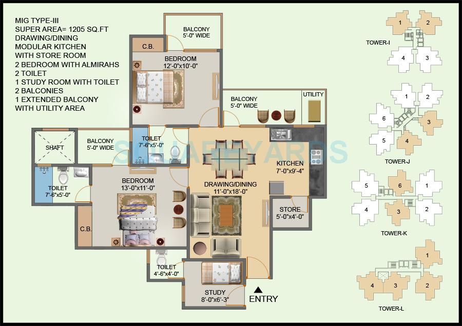 Floor plan of 2 BHK 1205 Sq. Ft. Apartment in Hawelia Valencia Homes, Greater Noida
