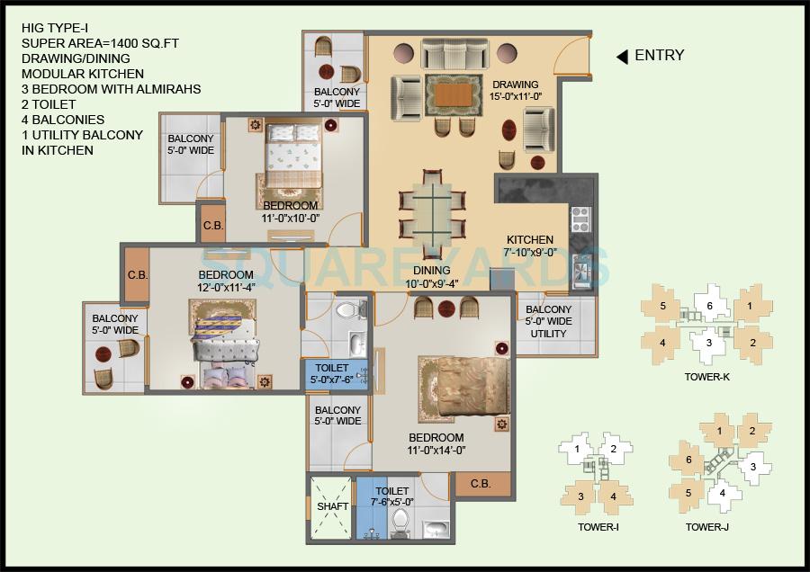 Floor plan of 3 BHK 1400 Sq. Ft. Apartment in Hawelia Valencia Homes, Greater Noida