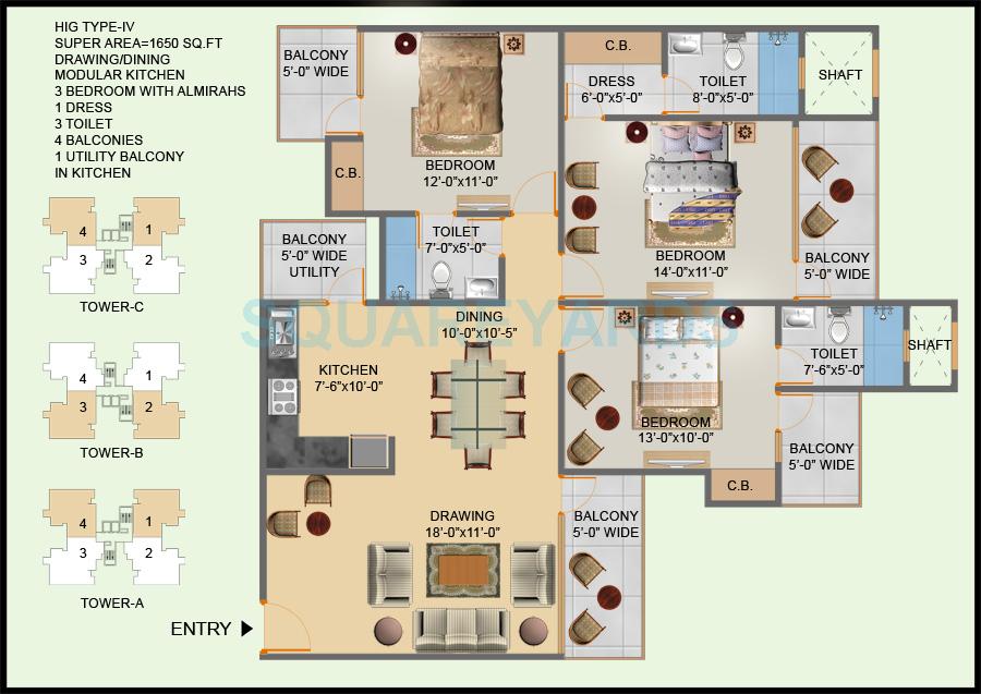 Floor plan of 3 BHK 1650 Sq. Ft. Apartment in Hawelia Valencia Homes, Greater Noida