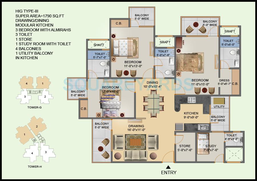 Floor plan of 3 BHK 1790 Sq. Ft. Apartment in Hawelia Valencia Homes, Greater Noida