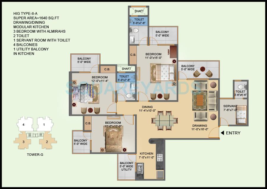 Floor plan of 3 BHK 1640 Sq. Ft. Apartment in Hawelia Valencia Homes, Greater Noida