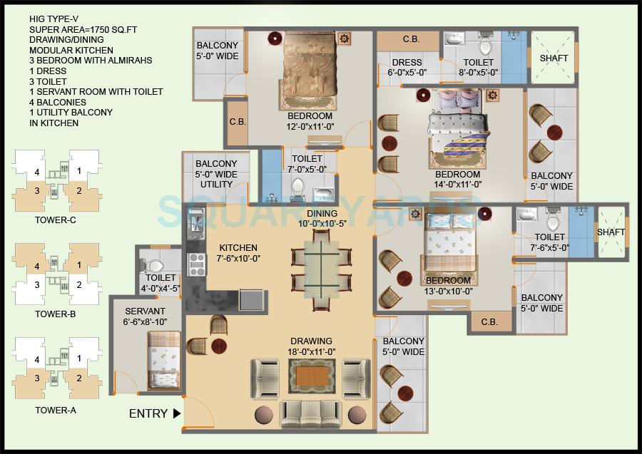 Floor plan of 3 BHK 1750 Sq. Ft. Apartment in Hawelia Valencia Homes, Greater Noida