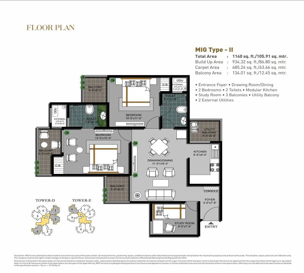 Floor plan of 2 BHK 1140 Sq. Ft. Apartment in Hawelia Valenova Park, Greater Noida