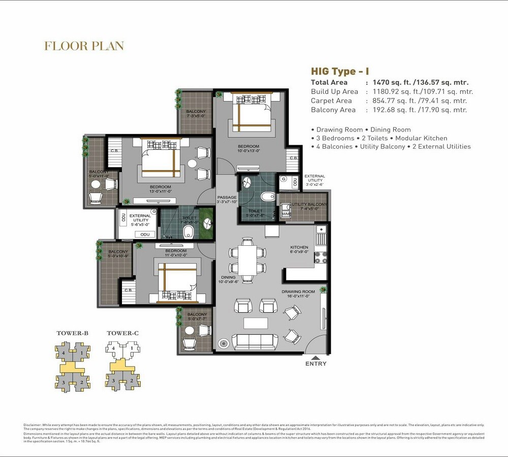 Floor plan of 3 BHK 1470 Sq. Ft. Apartment in Hawelia Valenova Park, Greater Noida