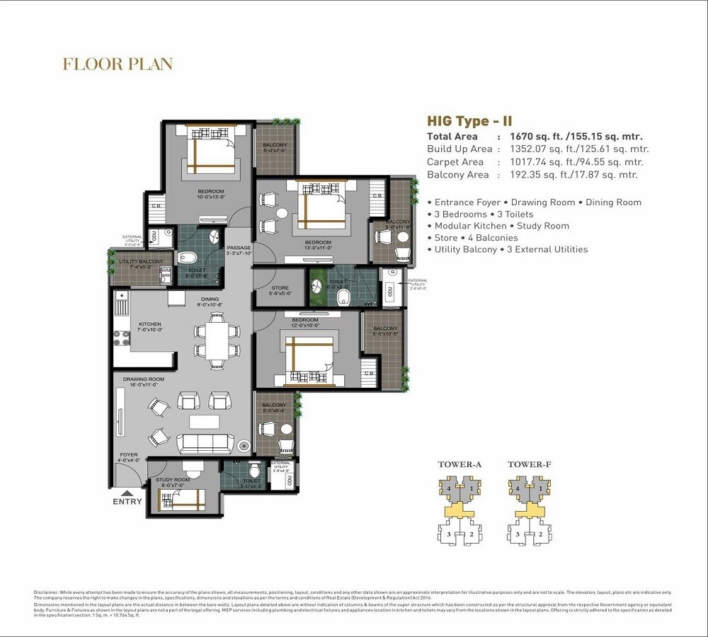 Floor plan of 3 BHK 1670 Sq. Ft. Apartment in Hawelia Valenova Park, Greater Noida