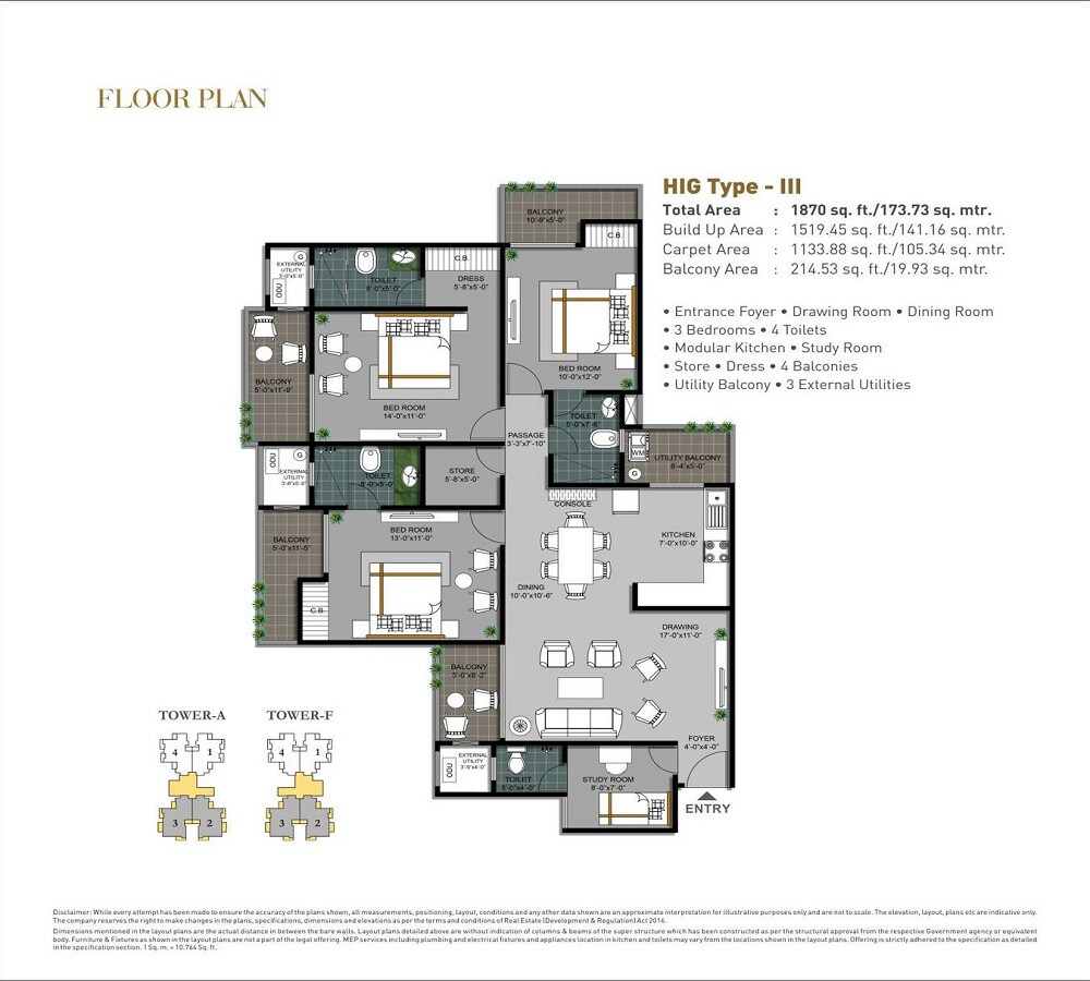 Floor plan of 3 BHK 1870 Sq. Ft. Apartment in Hawelia Valenova Park, Greater Noida