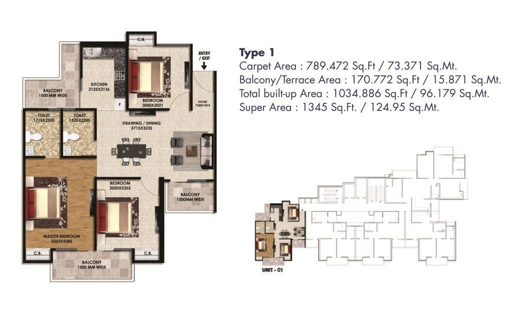 Floor plan of 3 BHK 1345 Sq. Ft. Apartment in Hi Castle, Greater Noida