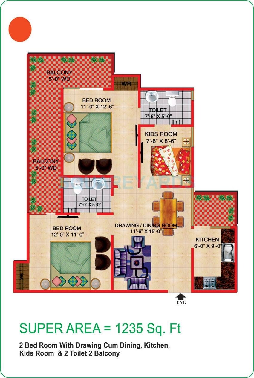 Floor plan of 2 BHK 1235 Sq. Ft. Apartment in Himalaya Pride, Greater Noida