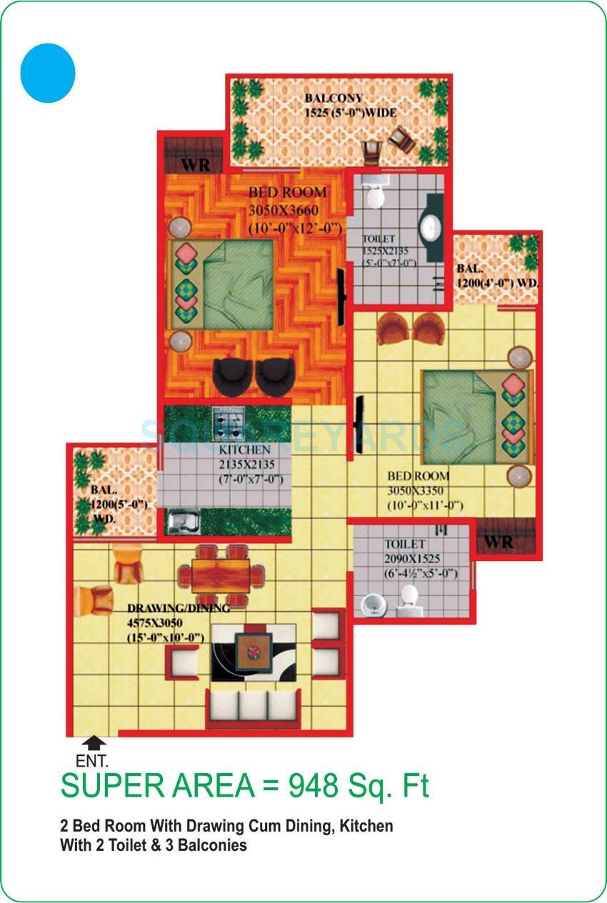 Floor plan of 2 BHK 948 Sq. Ft. Apartment in Himalaya Pride, Greater Noida