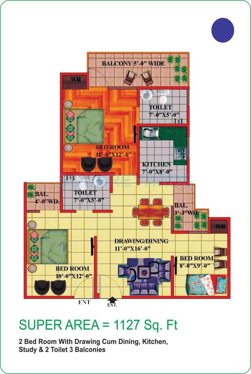 Floor plan of 2 BHK 1127 Sq. Ft. Apartment in Himalaya Pride, Greater Noida