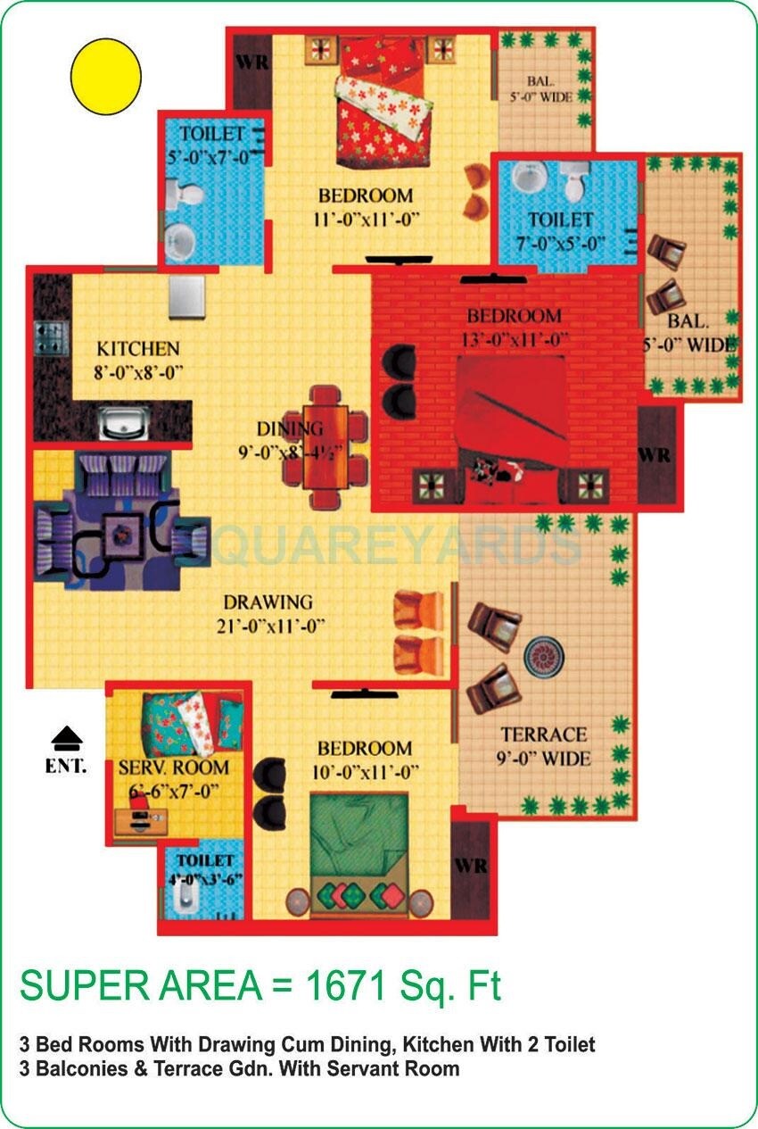 Floor plan of 3 BHK 1671 Sq. Ft. Apartment in Himalaya Pride, Greater Noida