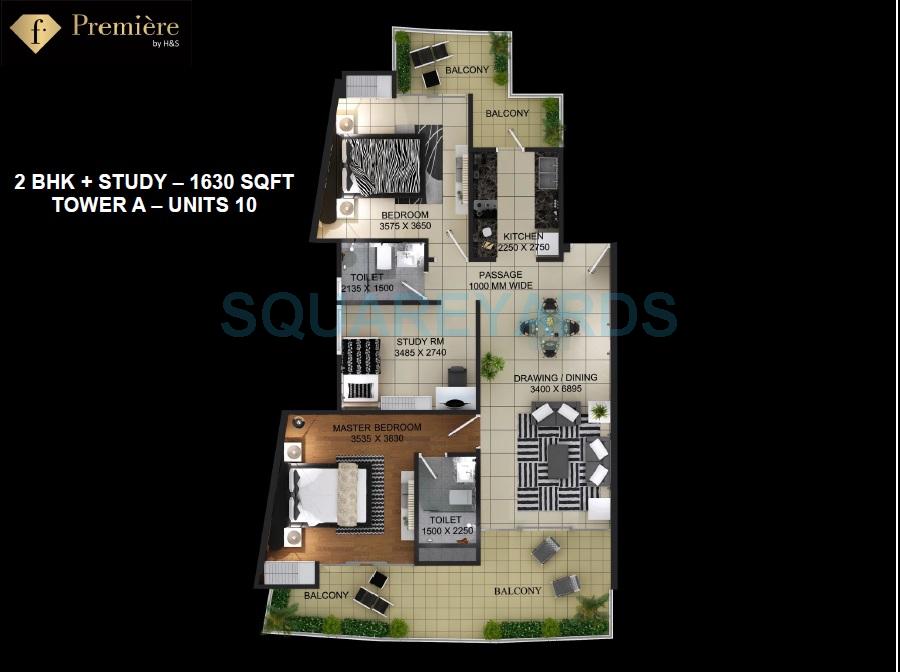 Floor plan of 2 BHK 1630 Sq. Ft. Apartment in Home and Soul F Premiere, Greater Noida