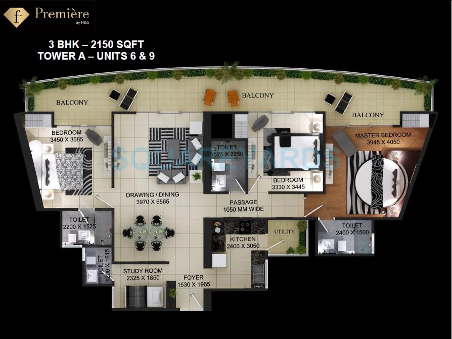 Floor plan of 3 BHK 2150 Sq. Ft. Apartment in Home and Soul F Premiere, Greater Noida