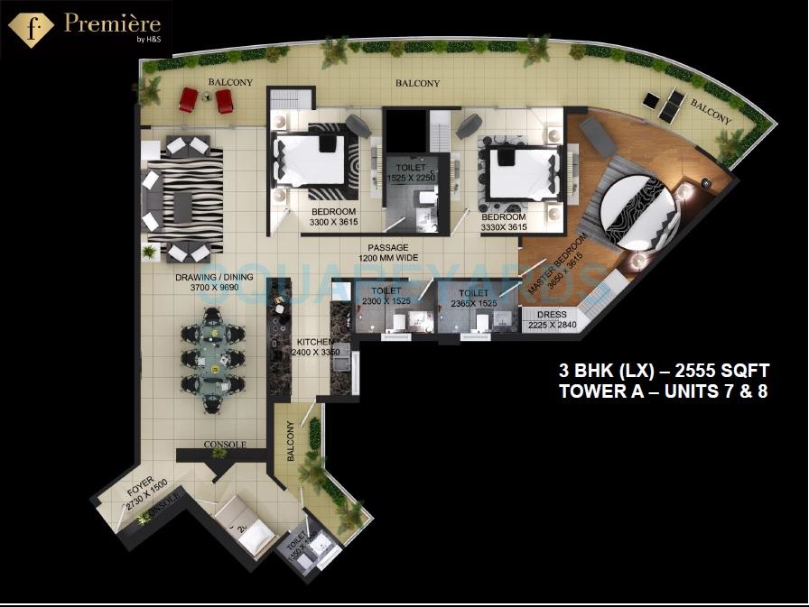 Floor plan of 3 BHK 2555 Sq. Ft. Apartment in Home and Soul F Premiere, Greater Noida