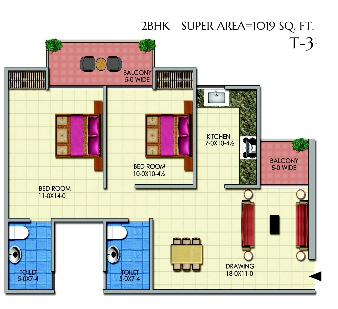Floor plan of 2 BHK 1019 Sq. Ft. Apartment in IEC White House, Greater Noida
