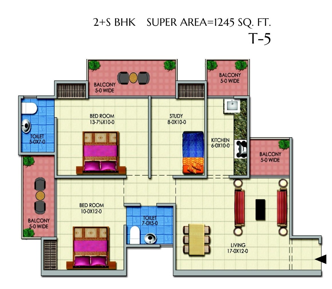 Floor plan of 3 BHK 1245 Sq. Ft. Apartment in IEC White House, Greater Noida