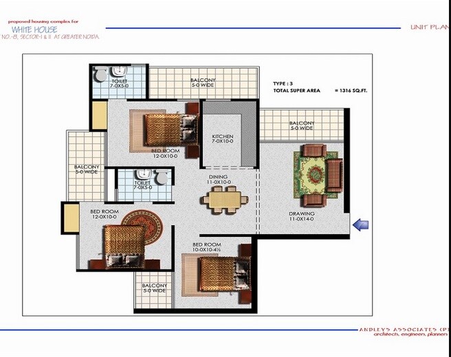 Floor plan of 3 BHK 1316 Sq. Ft. Apartment in IEC White House, Greater Noida