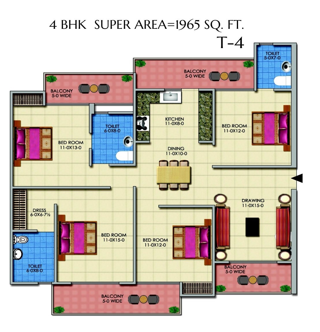 Floor plan of 4 BHK 1965 Sq. Ft. Apartment in IEC White House, Greater Noida