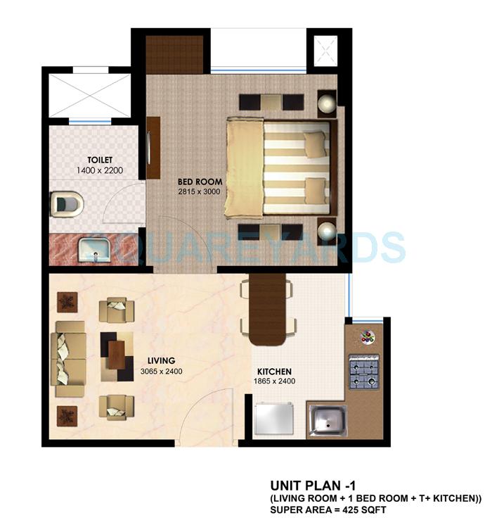 Floor plan of 1 BHK 425 Sq. Ft. Apartment in Imperia H2O Residency, Greater Noida