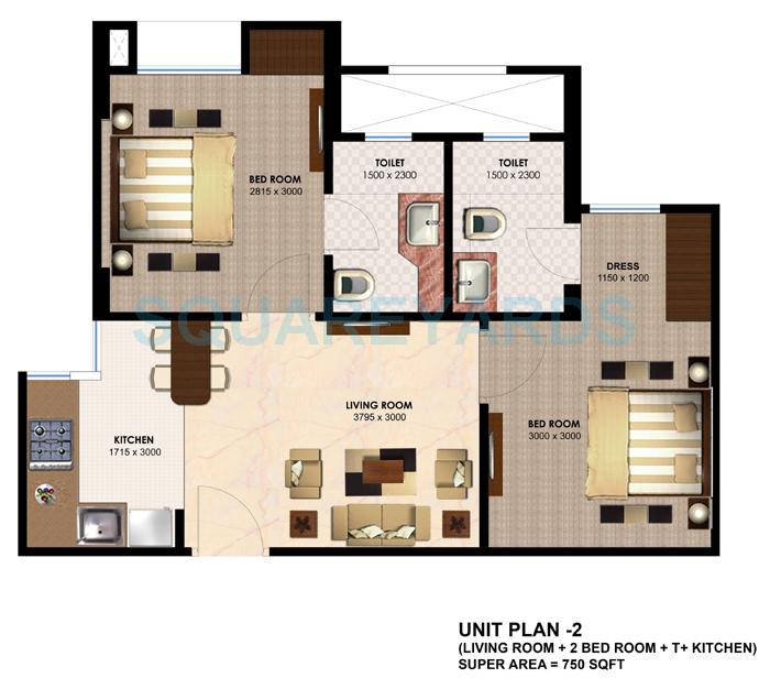 Floor plan of 2 BHK 750 Sq. Ft. Apartment in Imperia H2O Residency, Greater Noida