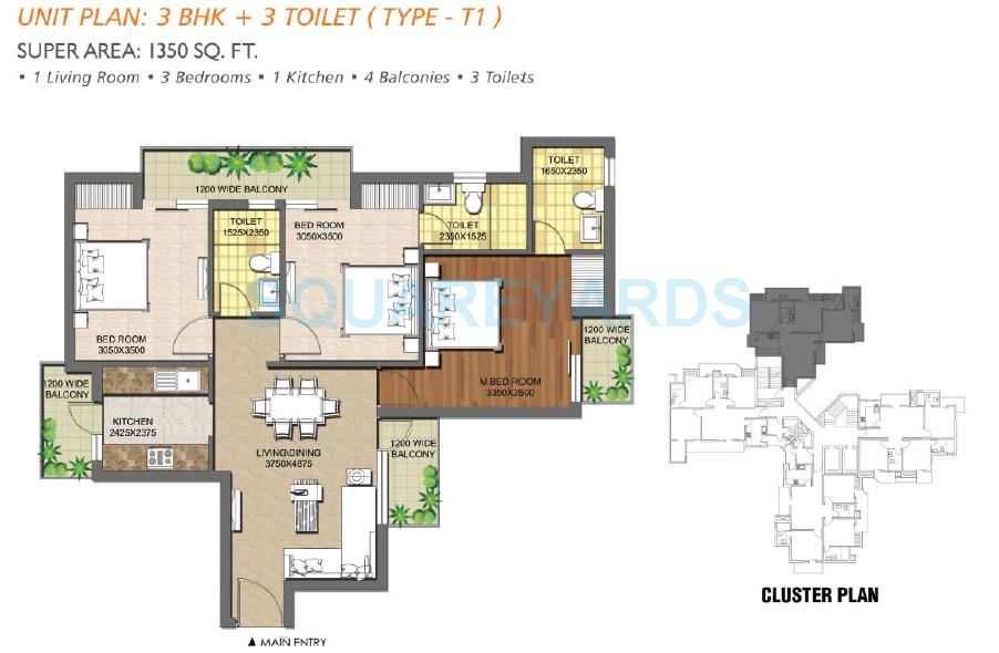 Floor plan of 3 BHK 1350 Sq. Ft. Apartment in Imperia Mirage Home, Greater Noida