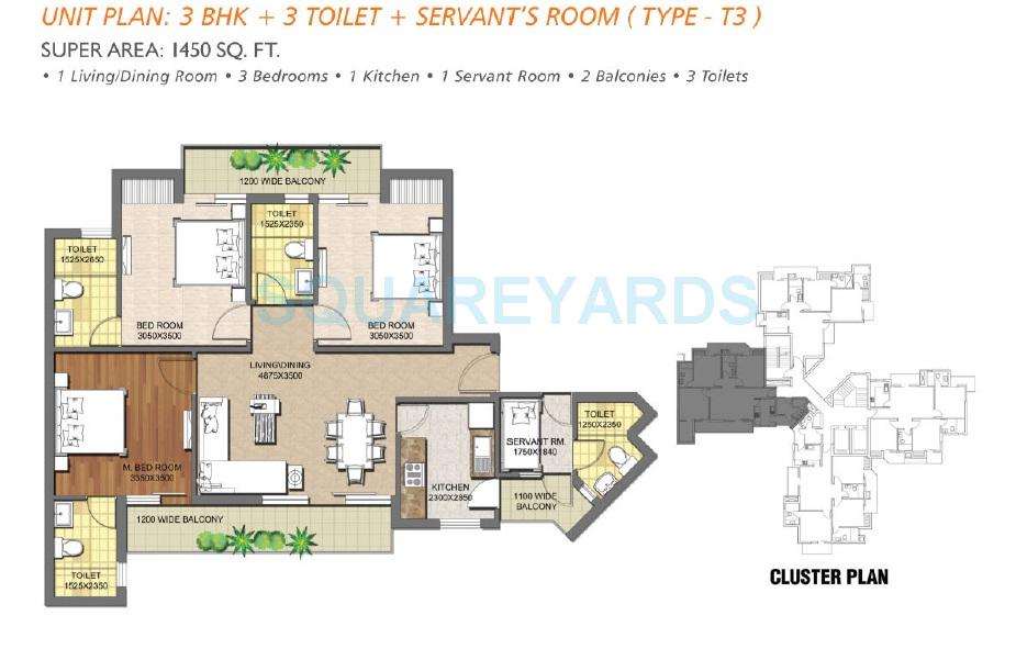 Floor plan of 3 BHK 1450 Sq. Ft. Apartment in Imperia Mirage Home, Greater Noida