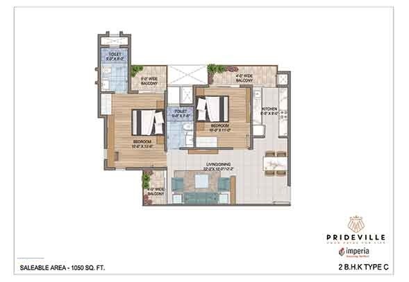 Floor plan of 2 BHK 1050 Sq. Ft. Apartment in Imperia Prideville, Greater Noida