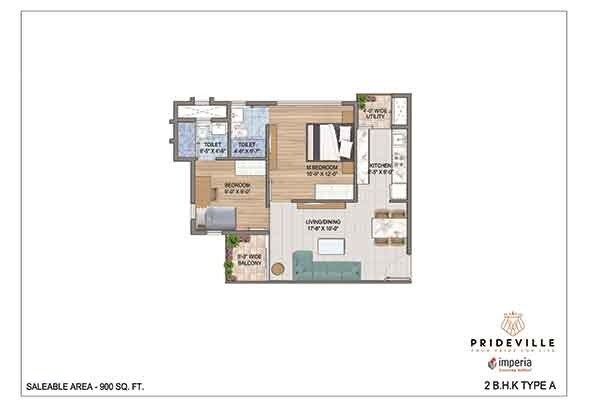 Floor plan of 2 BHK 900 Sq. Ft. Apartment in Imperia Prideville, Greater Noida