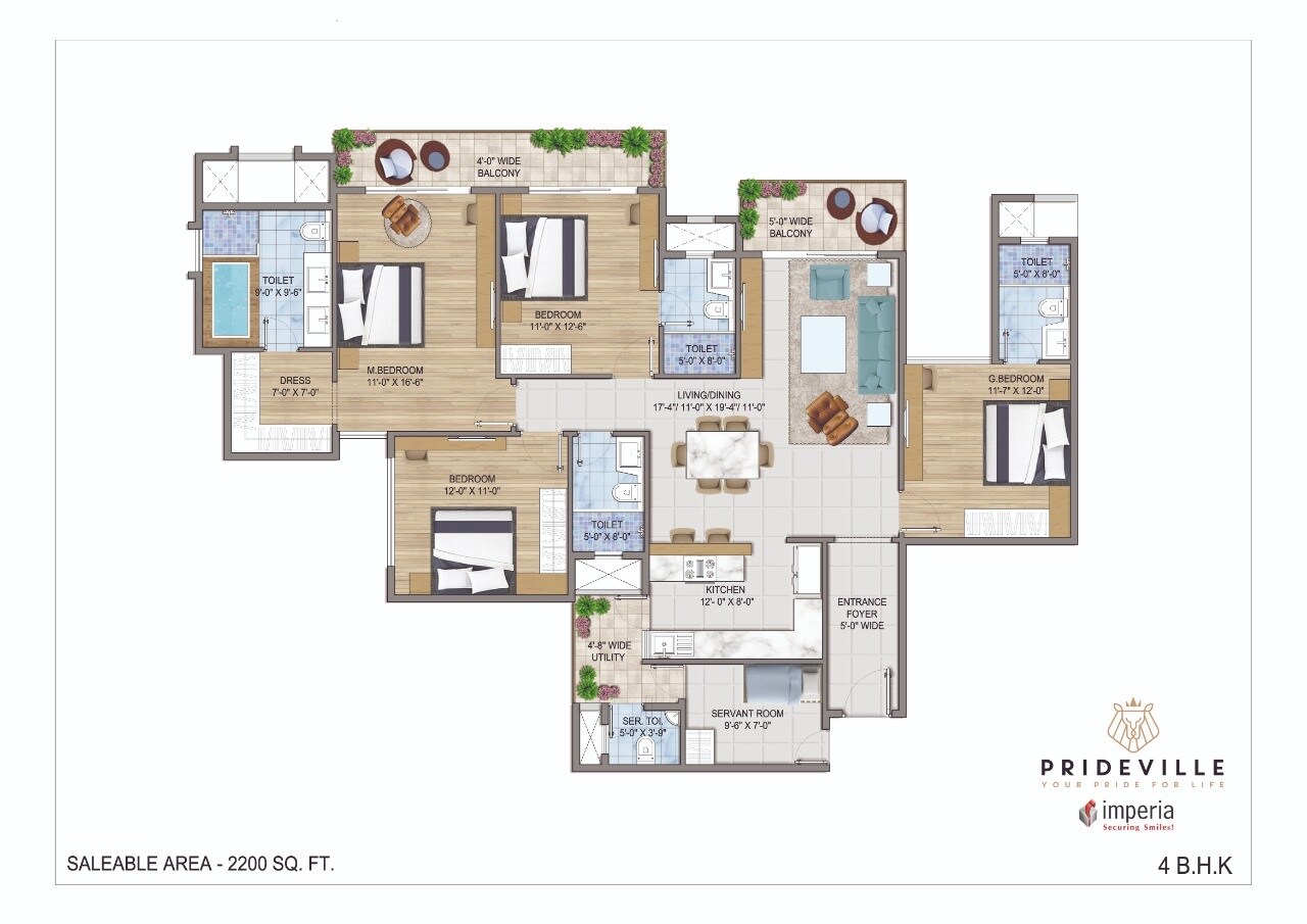 Floor plan of 4 BHK 2200 Sq. Ft. Apartment in Imperia Prideville, Greater Noida