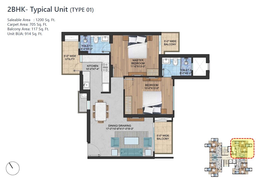 2 BHK 1200 Sq. Ft. Apartment