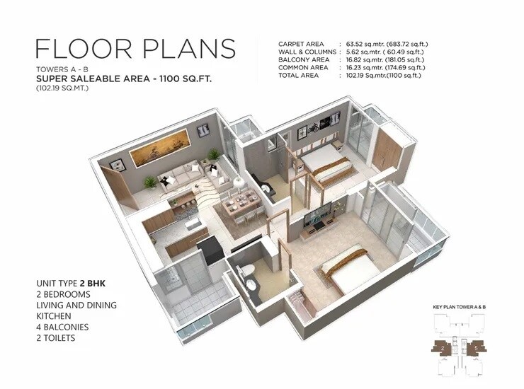 Floor plan of 2 BHK 1100 Sq. Ft. Apartment in Irish Pearls, Greater Noida