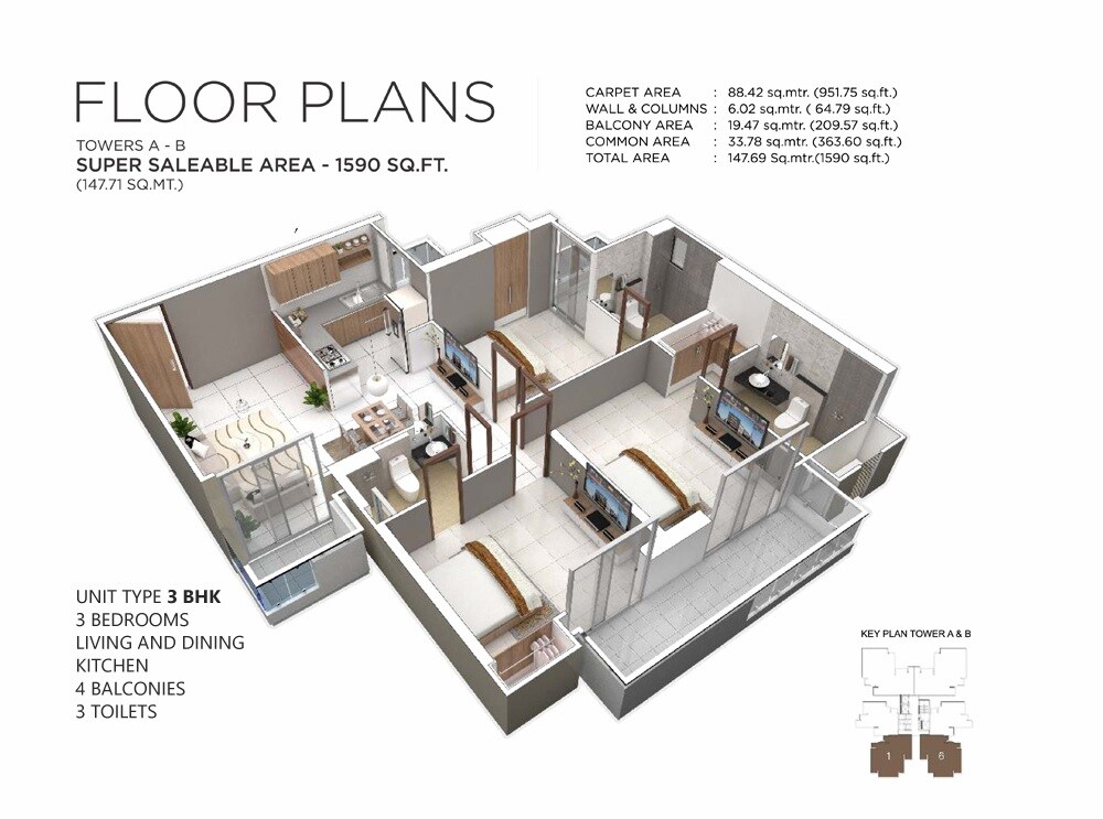 Floor plan of 3 BHK 1590 Sq. Ft. Apartment in Irish Pearls, Greater Noida