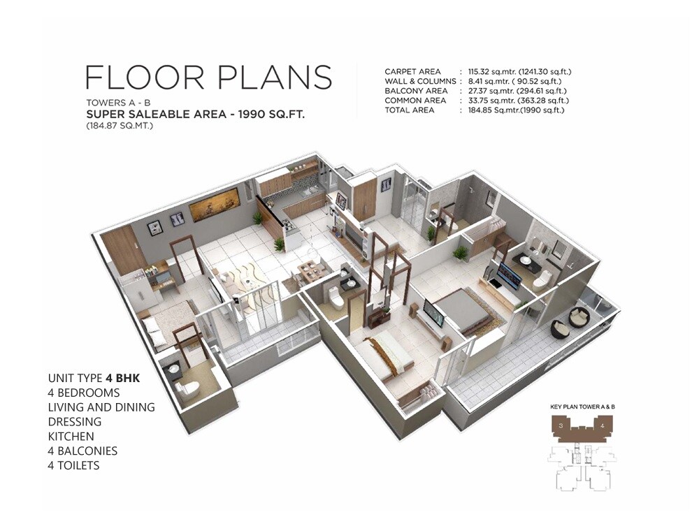 Floor plan of 4 BHK 1990 Sq. Ft. Apartment in Irish Pearls, Greater Noida