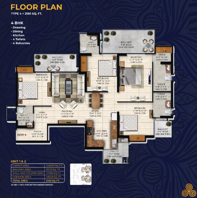 Floor plan of 4 BHK 2150 Sq. Ft. Apartment in Irish Platinum, Greater Noida