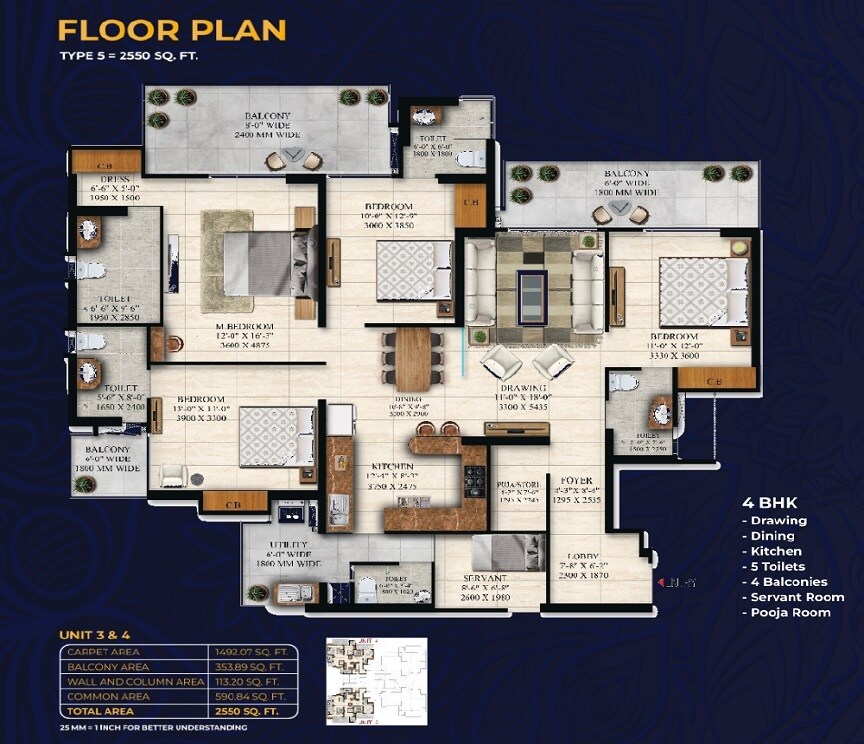 Floor plan of 4 BHK 2550 Sq. Ft. Apartment in Irish Platinum, Greater Noida