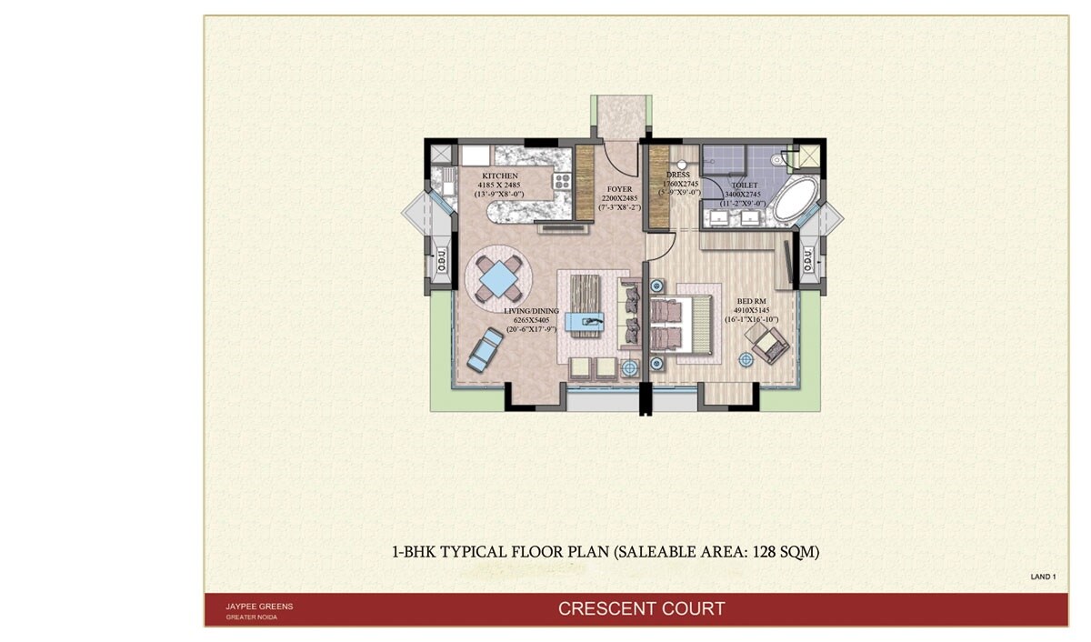 Floor plan of 1 BHK 1377 Sq. Ft. Apartment in Jaypee Green Crescent Court, Greater Noida