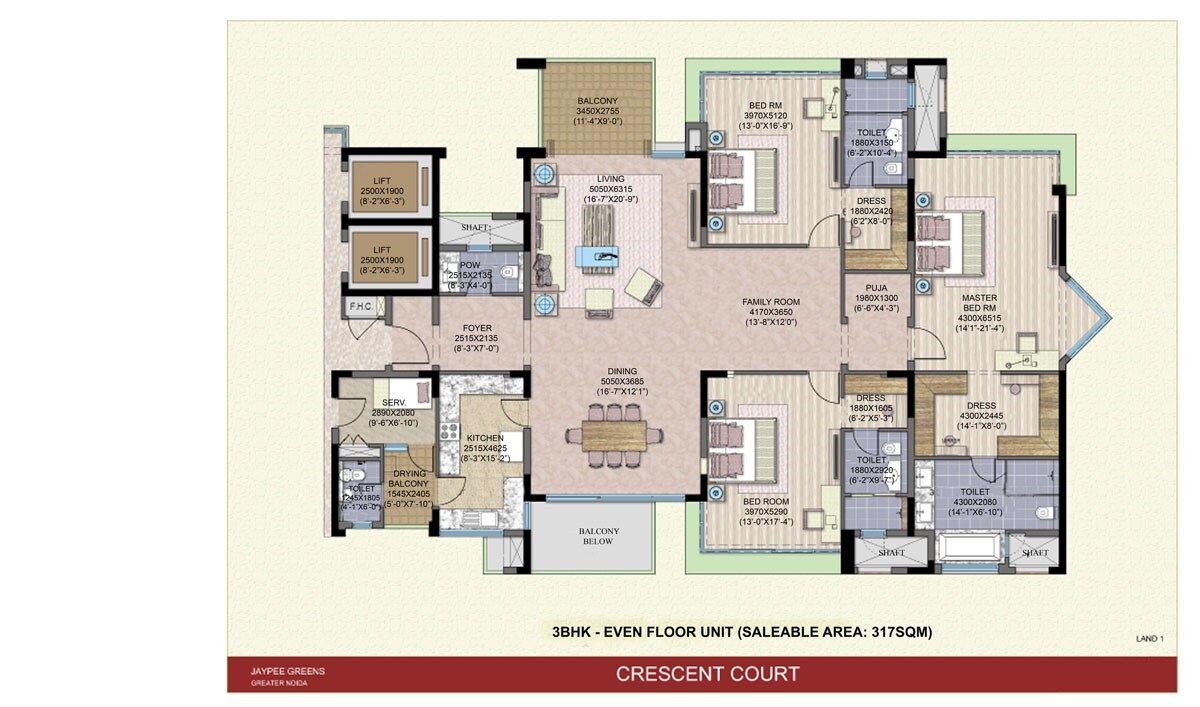 Floor plan of 3 BHK 3412 Sq. Ft. Apartment in Jaypee Green Crescent Court, Greater Noida