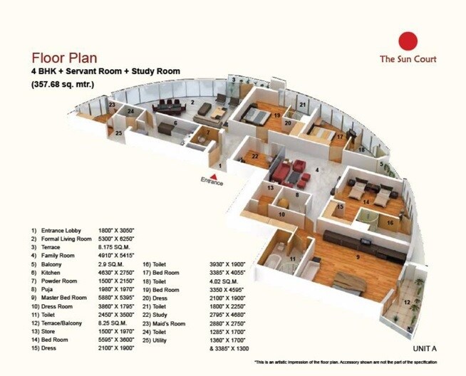Floor plan of 4 BHK 3850 Sq. Ft. Apartment in Jaypee Green Sun Court Tower III, Greater Noida