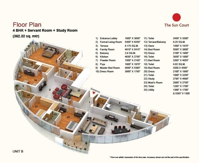 Floor plan of 4 BHK 3900 Sq. Ft. Apartment in Jaypee Green Sun Court Tower III, Greater Noida