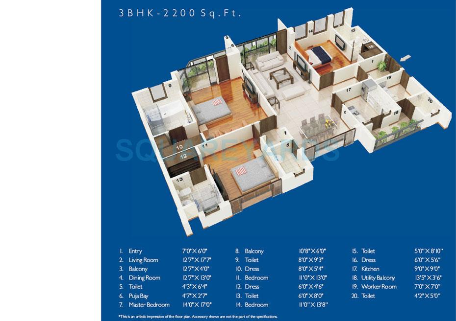 Floor plan of 3 BHK 2200 Sq. Ft. Apartment in Jaypee Greens The Castille, Greater Noida