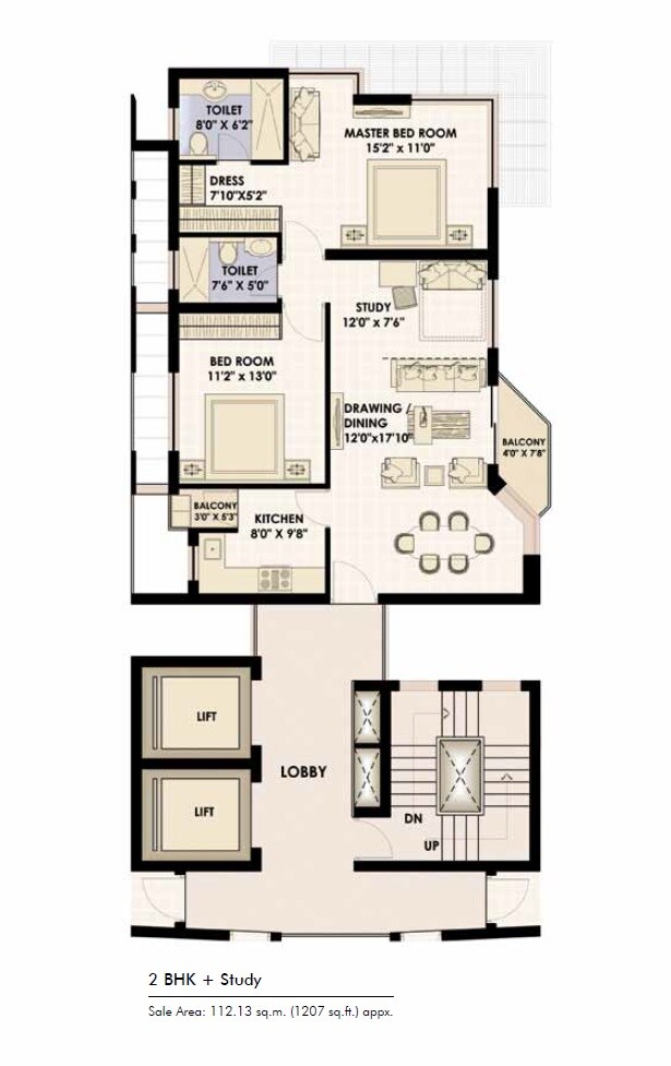 Floor plan of 2 BHK 1207 Sq. Ft. Apartment in Jaypee Moon Court, Greater Noida