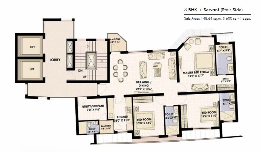 Floor plan of 3 BHK 1600 Sq. Ft. Apartment in Jaypee Moon Court, Greater Noida