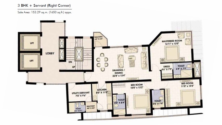 Floor plan of 3 BHK 1650 Sq. Ft. Apartment in Jaypee Moon Court, Greater Noida